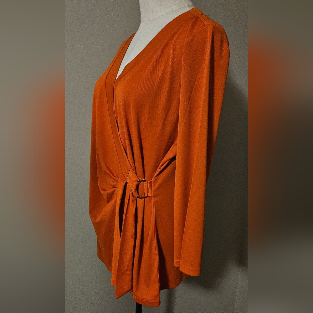 Lauren Ralph Lauren Stretch 3/4 Sleeve Faux Wrap Plus Size Top: Orange: 1X
